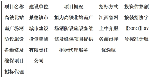 高鐵北站南廣場消防設(shè)施設(shè)備維修及維保項目招標(biāo)代理計劃公告