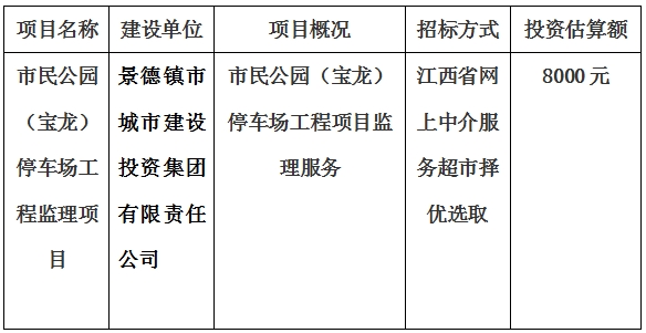 市民公園(寶龍)停車場工程監(jiān)理項目計劃公告